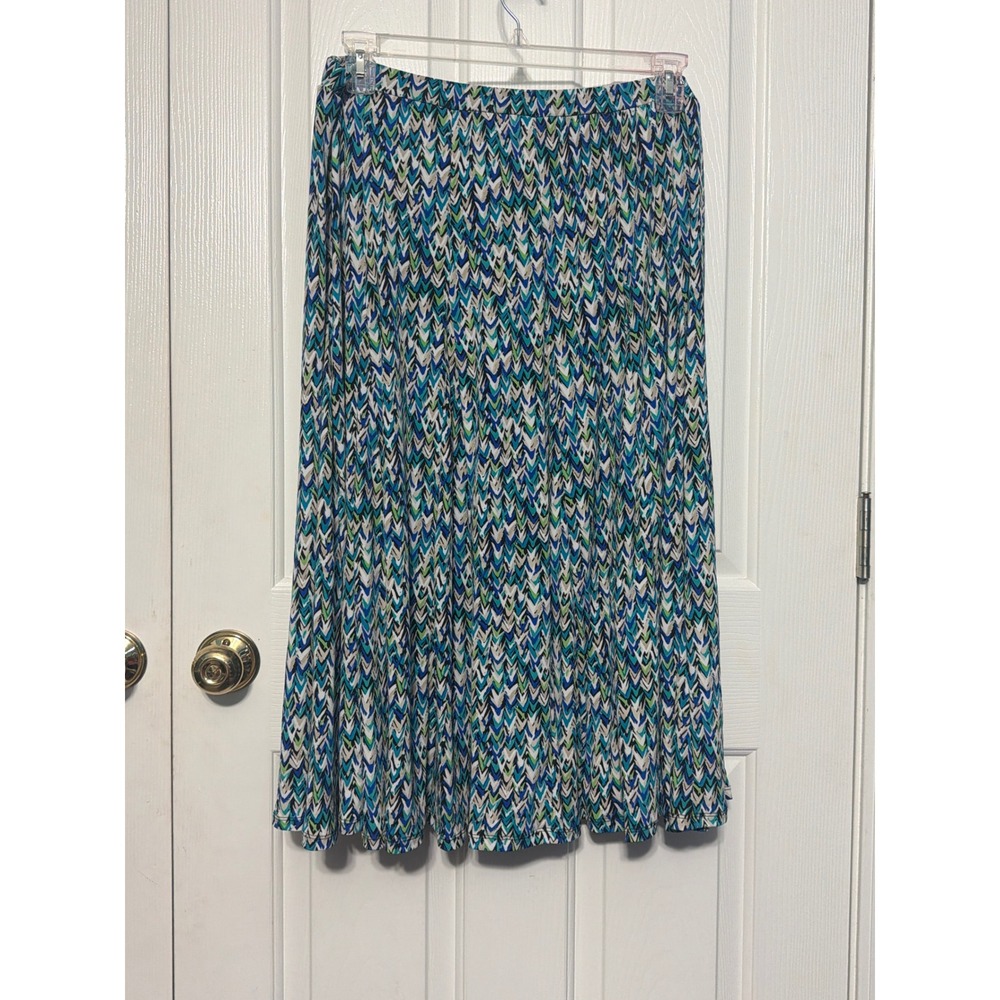 Premise Womens XL Blue Green Chevron Zig Zag Midi Skirt Elastic Waist Stretchy
